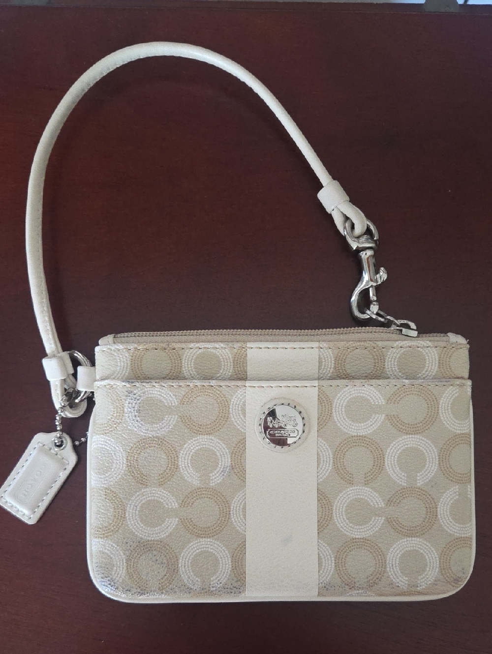 Coach Beige Signature Canvas Wristlet with Ivory Stripe